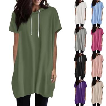 Imagem de Nagub Camisetas femininas extragrandes manga curta cordão verão moletom solto casual túnica tops com bolso 2024, #Verde militar 1, P