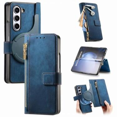 Imagem de Cartões com zíper destacáveis 2 em 1 Solt Capa de telefone tipo carteira para Samsung Galaxy Z Fold 6 5 4 3 Fold6 Fold5 Fold4 Fold3 5G Capa de couro, azul, para Galaxy Z Fold 5
