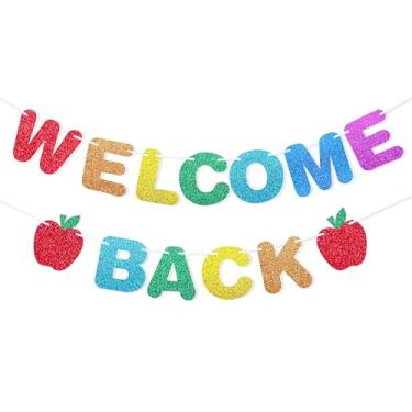 Imagem de Uniwish Faixa de retorno de boas-vindas com glitter, decorações de volta às aulas para sala de aula, primeiro dia de escola, decoração de escritório, material de festa escolar, placa suspensa para uso