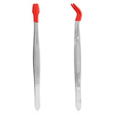 Imagem de XIHIRCD 2 unidades pinças para selos de aço inoxidável com pontas direitas planas e curvas de borracha antiderrapante, Tweezer para jóias e artesanato