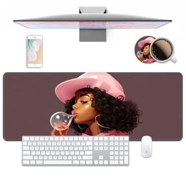 Imagem de Tapete de mesa para jogos com conjunto de porta-copos, preto afro-americano, grande, com borda costurada e base de borracha antiderrapante para trabalho, jogos, escritório, casa (80 cm x 30 cm)