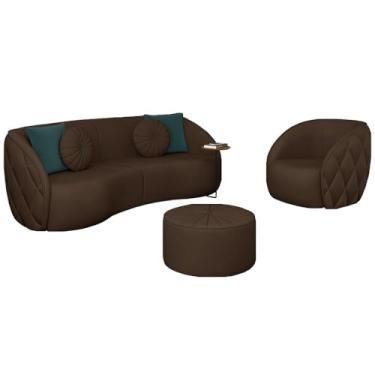 Imagem de Conjunto Decorativo Sofá 240cm e Poltrona Clarke com Puff Round PU Marrom G45 - Gran Belo