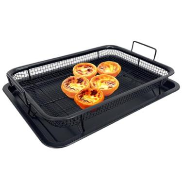 Imagem de Cesta grande de fritadeira a ar com bandeja para forno de aço inoxidável de 30 x 22 cm, conjunto de bandeja e cesta de fritadeira antiaderente, bandeja de fritura a ar com assadeira, prata, preto