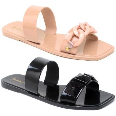 Imagem de Sandália Rasteira Feminina Spikes e Correntes Tiras Kit 2 - Rubim Calç