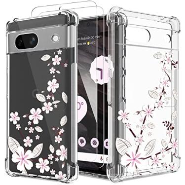 Imagem de GREATRULY Capa transparente floral para Pixel 7a com 2 protetores de tela para mulheres/meninas, capa de telefone com flores para Google Pixel 7a, design bonito, macio, fofo, à prova de quedas, capa