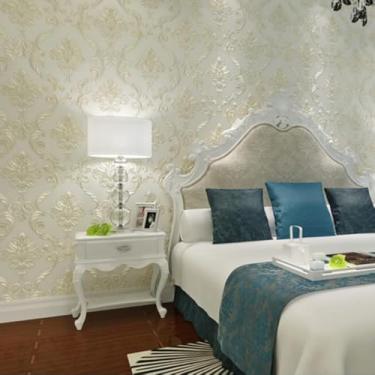 Imagem de Q QIHANG Papel de parede 3D europeu Damasco não colado - fundo quente para sala de casamento, quarto, sala de estar, TV - 4,8 m L x 82,8 m C (branco arroz)