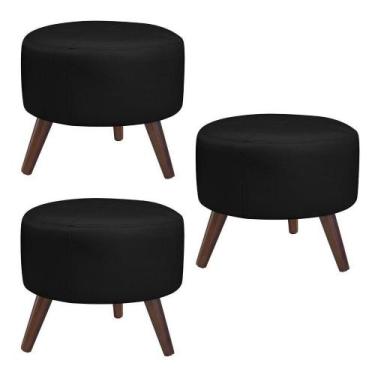 Imagem de Kit 3 Puffs Decorativos Redondo Pés Palito Couro Preto - Gran Belo