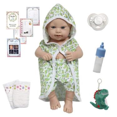 Imagem de Boneco Reborn 100% Vinil Pode Dar Banho Roupão Estampado - Cegonha Reb