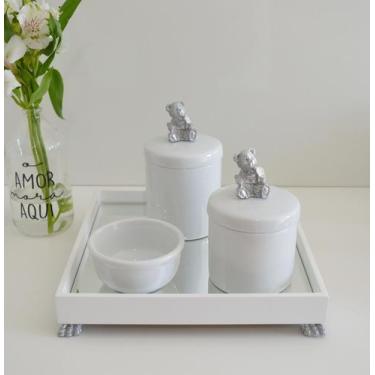 Imagem de Kit Higiene K049 Bandeja MDF Porcelanas Apliques Prata Quarto Bebê - C