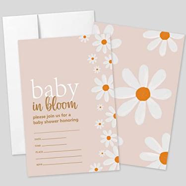 Imagem de 20 conjuntos de convites de margarida para chá de bebê com envelopes, Baby in Bloom Margarida, floral, dois lados, cartões de convite impressos para bebê, menino, menina, convites de festa revelação