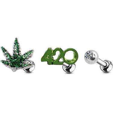Imagem de Pierce2GO Brincos de orelha de aço inoxidável com símbolo 4/20, folha de panela verde – brincos de aço cirúrgico para mulheres e homens – Conjunto de 3 brincos de cartilagem, Aço inoxidável