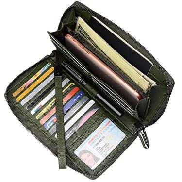 Imagem de Bveyzi Carteira feminina com bloqueio de RFID em couro com zíper ao redor do telefone clutch grande capacidade feminina bolsa de viagem bolsa de pulso, Verde oliva, L, Clássico