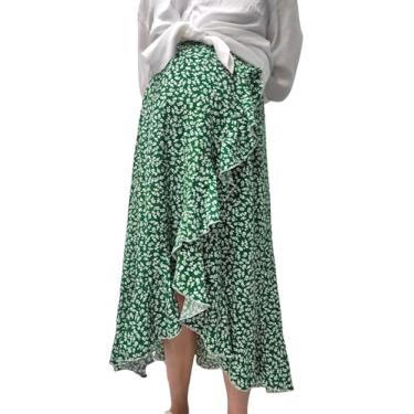 Imagem de FUNJULY Saia de maternidade feminina cintura alta saias de maternidade com babados em camadas casual saia rodada boho saia rodada para mulheres, Ir-verde, M