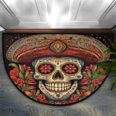 Imagem de Tapete de porta meio redondo de caveira mexicana, antiderrapante, entrada para ambientes internos, semicírculos, tapetes de banheiro, tapetes externos, entrada de casa, capacho resistente para