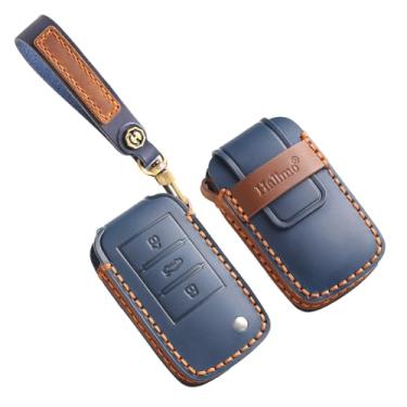 Imagem de HIBEYO Capa de chaveiro de couro compatível com Roewe RX5 Apto para MG3 MG5 MG6 MG7 Apto para MG ZS GT GS 350 360 750 W5 Acessórios Porta-chaves de couro genuíno com chaveiro-A tipo azul