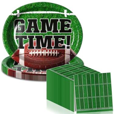 Imagem de Dereinwo Pratos e guardanapos ovais de papel de futebol, suprimentos de festa de futebol 30,5 x 25,4 cm, bandeja de comida de papel de futebol resistente, utensílios de jantar para super tigela de