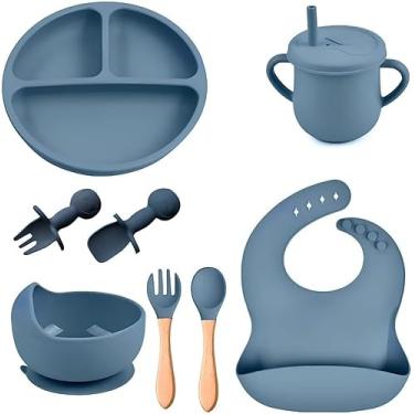 Imagem de Kit Introdução Alimentar Bebê 8 Peças Prato + Bowl Babador Copo + Tampa com Canudo + 2 Talheres + 2 Talheres Ponta Silicone Cabo de Madeira 100% Silicone Antitóxico Premium (Azul)