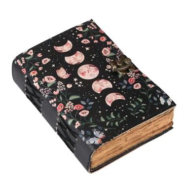 Imagem de Livro de feitiços em branco das sombras diário com fecho de cadeado celestial feito à mão diário de couro vintage impressão fase da lua diário oração pagã bruxaria suprimentos Wiccan decoração caderno