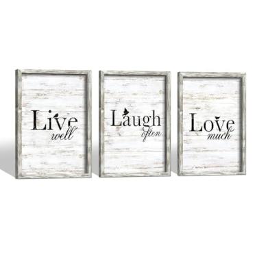 Imagem de Decoração de arte de parede inspiradora emoldurada: citações motivacionais impressões em madeira imagem de afirmação positiva rústica imagem de afirmação positiva ao vivo risada amor frases
