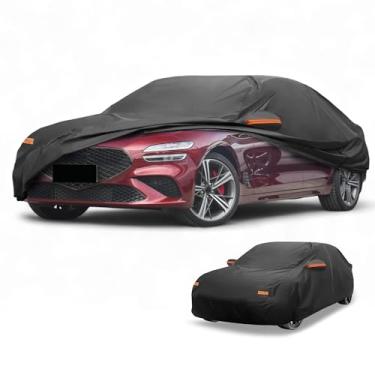 Imagem de Partuto Capa de carro à prova d'água para todos os climas, automotiva, externa, anti-UV, proteção contra chuva e sol, cobertura externa completa para Genesis G70 Sedan 190T-PU preta com tiras
