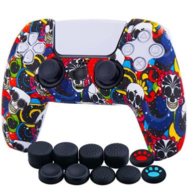 Imagem de YoRHa Capa espessa de silicone com impressão de transferência de água para controle PS5 x 1 (caveiras de madeup) com 10 alças de polegar