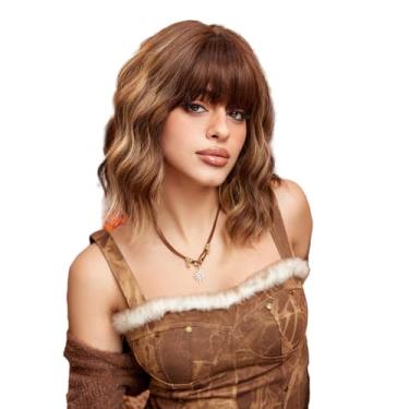 Imagem de Peruca de cabelo curto cacheado na altura dos ombros com franja, cachos ondulados naturais e volumosos, peruca feminina com rede de cabelo sintética resistente ao calor para mulheres, cosplay, type3