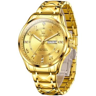 Imagem de OLEVS Relógios de luxo masculinos de aço inoxidável com data, clássico, mostrador grande, à prova d'água, luminoso, masculino, relógio masculino reloj para Hombre (branco/dourado/preto//azul