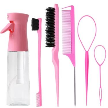 Imagem de Conjunto de 6 pentes para pentear cabelo com frasco de spray contínuo de 200 ml, escova de cabelo com cauda de rato, controle de borda, escova de cabelo para escovar as costas, pentear, trançar,