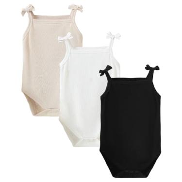 Imagem de OPAWO Onsies para bebês meninas pacote com 3 roupas neutras para bebês alças finas e manga longa outono camiseta de bebê 0-2T, Laço preto/branco/damasco, 6-9 Months