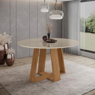 Imagem de Mesa Lins para 6 Lugares Tampo de 140cm Redonda com Vidro Marrom/Off White