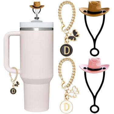 Imagem de ANLABESY Compatível com acessórios Stanley Cup, 2 peças de topo de palha de silicone para tampa de canudo Stanley Cup, 2 peças de pingentes fofos de letras para Stanley Copo com alça (D)