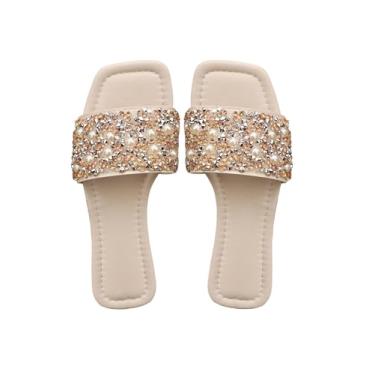 Imagem de BEAUDRM Pantufas femininas de couro PU com pérolas e bico aberto, sandálias deslizantes, Ouro branco, 37