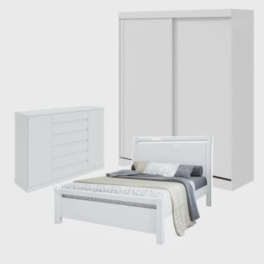 Imagem de Quarto com Guarda-Roupa Casal 2 Portas 2 Gavetas, Cômoda 2 Portas 7 Gavetas e Cama Reali Branco