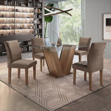 Imagem de Conjunto Sala de Jantar Mesa Tampo de Vidro e 4 Cadeiras Classic Cel Móveis Chocolate/Animale