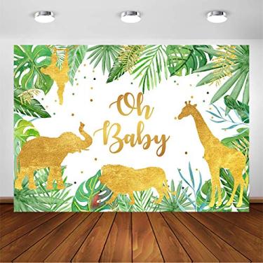 Imagem de Avezano Pano de fundo Oh Baby Jungle para chá de bebê, safári na selva, dourado, decoração de festa, elefante, girafa, gênero, neutro, chá de bebê, sessão de fotos (2,1 x 1,5 m)