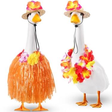 Imagem de Jeere 2 conjuntos de roupas havaianas de ganso de varanda para estátuas de ganso de cimento de 58,4 cm / 43 cm, incluindo 2 chapéus de palha de verão, lei havaiana e saia de grama luau para decoração