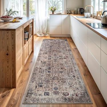 Imagem de Bloom Rugs Corredor lavável antiderrapante de 3,7 m - bege claro/azul tradicional corredor oriental para entrada, corredor, banheiro e cozinha - tamanho exato: 6 cm x 30 cm
