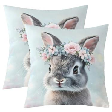 Imagem de jejeloiu Capas de almofada reversíveis de coelho fofo 55 x 55 cm, kawaii, coelhinho, decoração de casa, meninos, meninas, coelhos florais, conjunto de 2 fronhas de almofada floral rosa