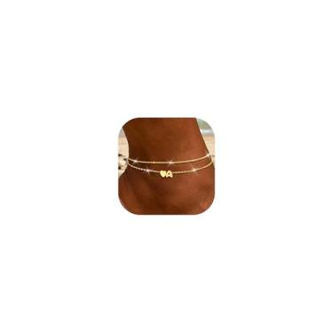 Imagem de Tornozeleiras femininas com inicial coração dourado banhado a ouro 14K, delicada, em camadas, letra A-Z, conjunto de tornozeleiras ajustáveis que não mancham, feitas à mão, à prova d'água, para joias
