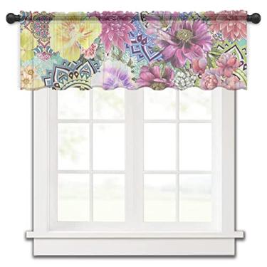 Imagem de Cortina transparente para janelas de cozinha, rosa, amarelo, roxo, boêmio, peônia, texturas florais abstratas, tratamentos de janela de chiffon, bolso de haste, saia curta para sala de estar, banheiro