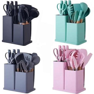 Imagem de Utensilios para Cozinha Silicone Kit com 19 Peças Cabo Madeira Conjunto Completo Espátula Concha Colher Jogo Suporte Faca Antiaderente Tabua Tesoura Faqueiro (PRETO) (Aleatorio)