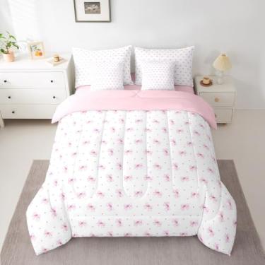 Imagem de Conjunto de edredom infantil Queen, 7 peças, com laço rosa, nó de princesa, geométrico, patchwork, branco, sonhador (edredom + lençol com elástico + 2 fronhas + 2 capas de travesseiro)