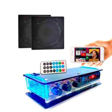 Imagem de Kit Som Ambiente 2 Arandela Quadrada Preta + Amplif Bt Casa - ORION