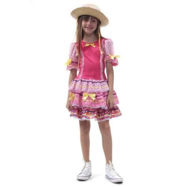Imagem de Vestido de Festa Junina Infantil Rosa Caipira Luxo Com Chapéu - Sulame