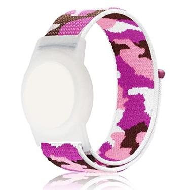 Imagem de Pulseira compatível com Apple AirTag para crianças, pulseira camuflada de nylon Air Tag, capa protetora para Airtag GPS Tracker, pulseira de relógio antiperda ajustável para crianças e idosos (roxo)