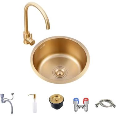 Imagem de Pia De Preparação Undermount Ouro, Undermount Para Bancadas De Quartzo, Pia De Bar Pequena Redonda Drop In, Pia De Aço Inoxidável Resistente A Amassados Escovada, Resistente A A, Gold, 40cm