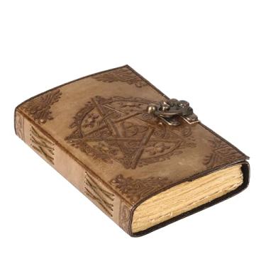 Imagem de Caderno de couro legítimo, pentagrama em relevo à mão, livro Grimório das sombras, livro pentagrama, espiritual, livro de bruxa, ritual diário, 17 x 12 cm, fechos de latão