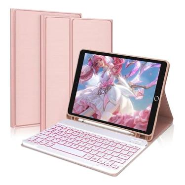 Imagem de Adequado para iPad Pro caixa protetora de tablet de 11 polegadas com teclado (2018/2020/2021/2022), teclado ultra fino (Luz de fundo rosa dourada, Versão retroiluminada)