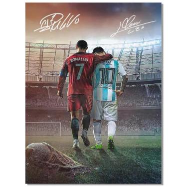 Imagem de Pôster autografado Superstar Messi e Cristiano Ronaldo para decoração de parede de quarto de fãs de crianças - Cartazes de futebol americano em tela para presentes de aniversário de meninos
