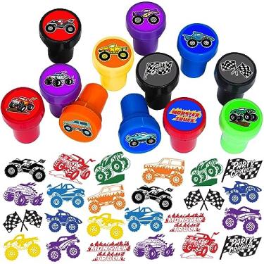 Imagem de Carimbos de caminhão monstro para crianças, lembrancinhas temáticas de festa de aniversário Monster Truck Suprimentos de decorações 12 peças selos presentes de sala de aula fofos para meninos meninas recompensas presentes de festa de aniversário prêmios ideais